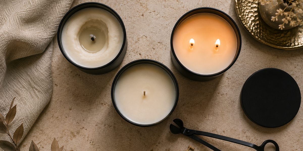 Overhead candle care scene showing a tunneled candle, a trimmed wick, a properly burning two-wick candle, and a black wick trimmer.