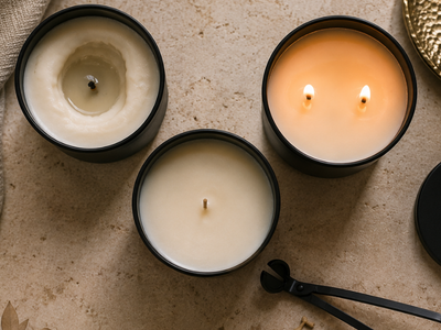 Overhead candle care scene showing a tunneled candle, a trimmed wick, a properly burning two-wick candle, and a black wick trimmer.