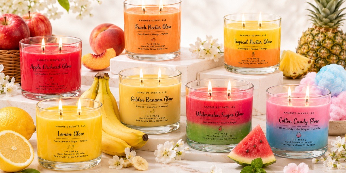 Fruity Glow Collection by Kandie's Scents all 7 summer hand poured candles displayed with fresh fruit on a marble surface shop at shopwithkandie.com