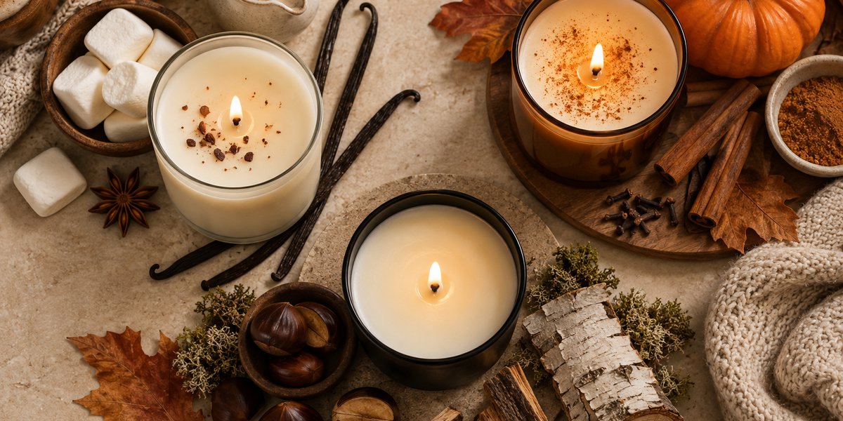 Overhead fall candle scene showing gourmand, pumpkin spice, and woody scent families with seasonal fragrance ingredients.