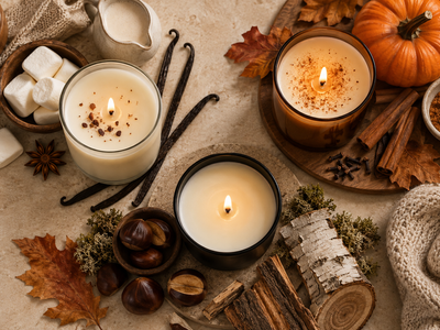 Overhead fall candle scene showing gourmand, pumpkin spice, and woody scent families with seasonal fragrance ingredients.