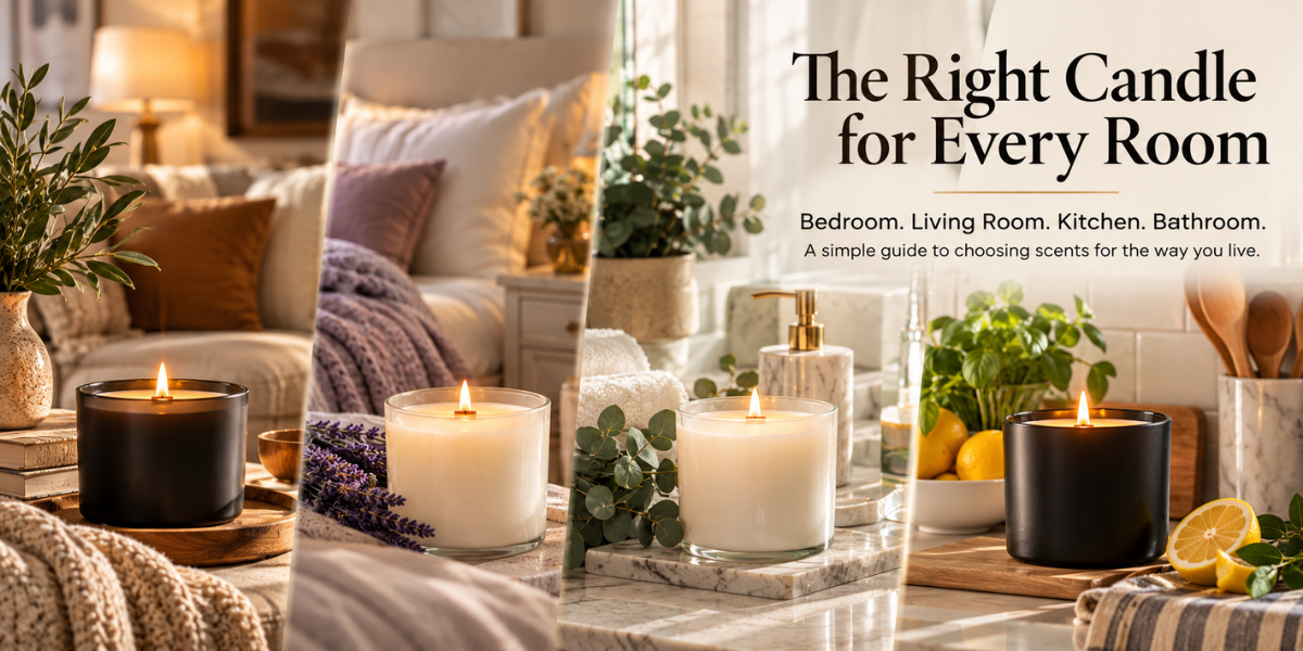 Candles styled for the living room, bedroom, bathroom, and kitchen.