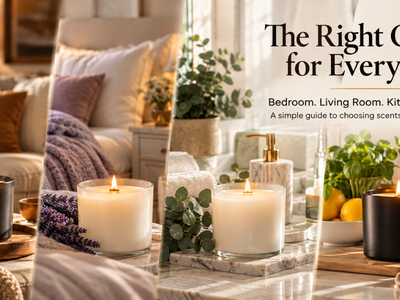 Candles styled for the living room, bedroom, bathroom, and kitchen.