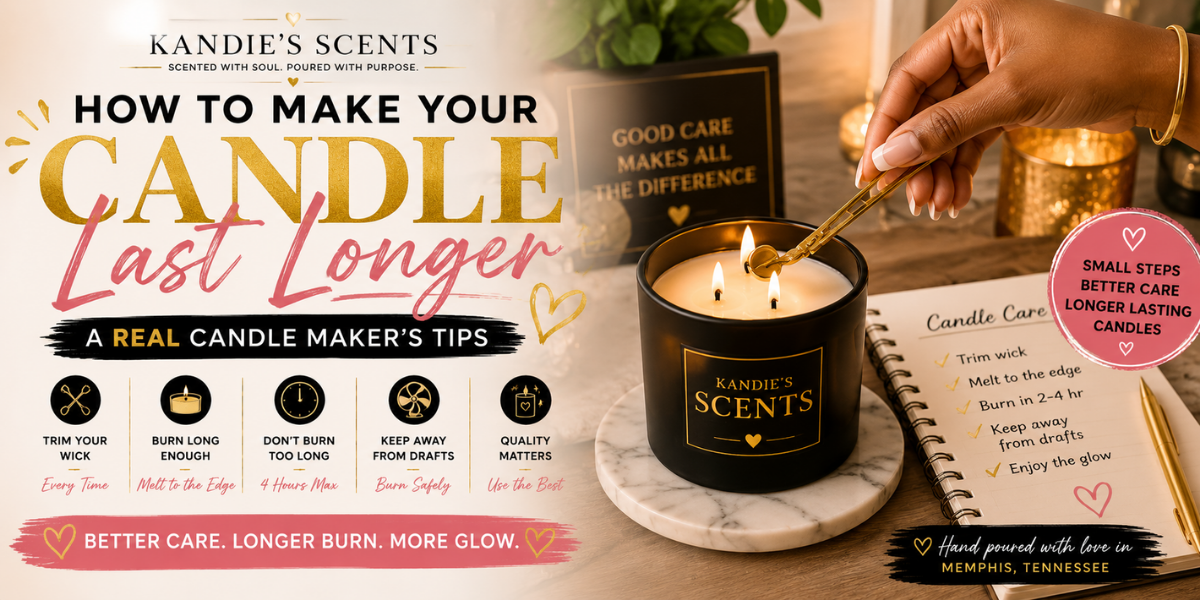 Candle care blog banner featuring a lit black candle with wick trimming tips to help candles burn longer.