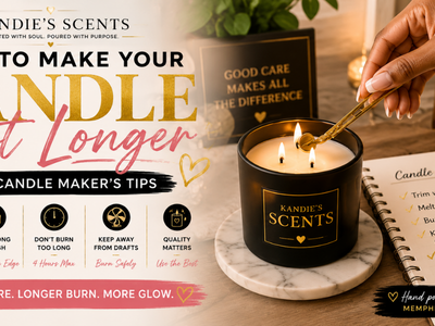 Candle care blog banner featuring a lit black candle with wick trimming tips to help candles burn longer.