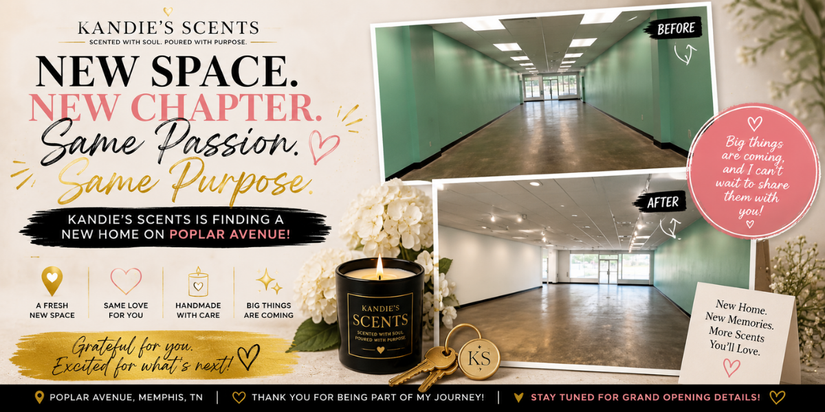 Blog banner showing the before and after of Kandie's Scents' new Poplar Avenue storefront, celebrating the brand's upcoming move and new beginning.