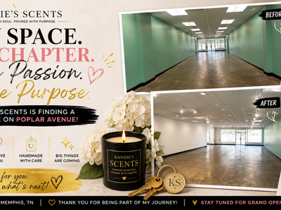 Blog banner showing the before and after of Kandie's Scents' new Poplar Avenue storefront, celebrating the brand's upcoming move and new beginning.