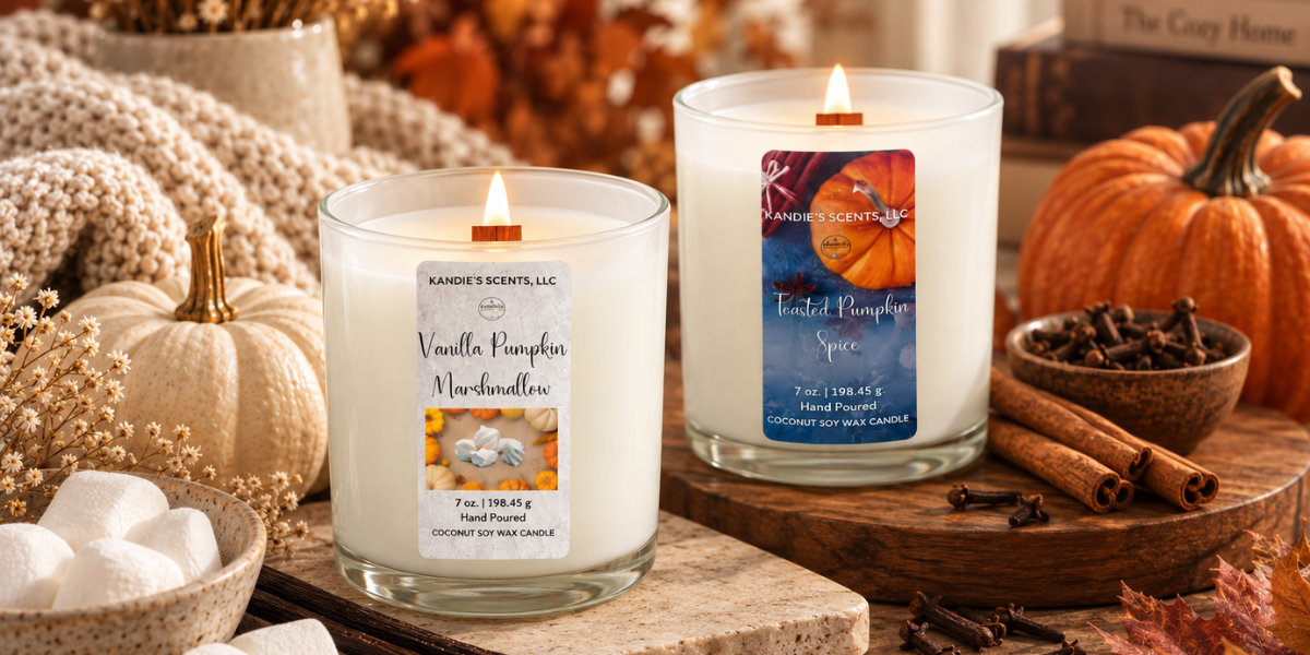 Vanilla Pumpkin Marshmallow and Toasted Pumpkin Spice fall candles by Kandie’s Scents.