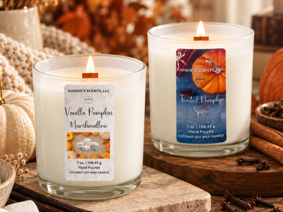 Vanilla Pumpkin Marshmallow and Toasted Pumpkin Spice fall candles by Kandie’s Scents.