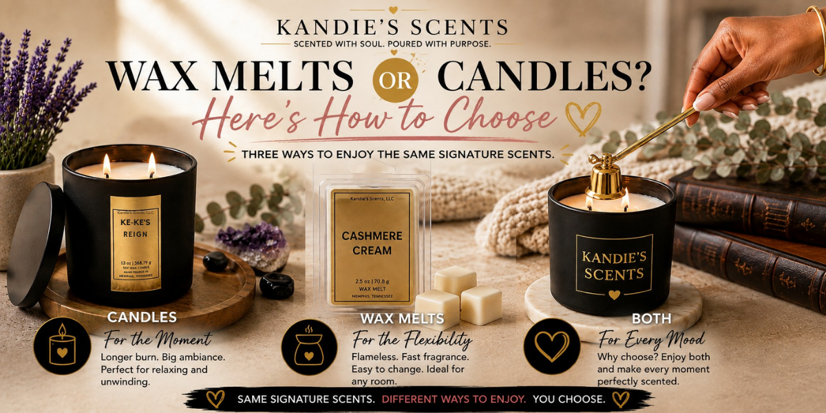 Blog banner comparing Kandie's Scents candles and wax melts, featuring a Ke'Ke's Reign candle, Cashmere Cream wax melts, and a medium caramel hand using a candle snuffer.