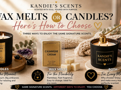 Blog banner comparing Kandie's Scents candles and wax melts, featuring a Ke'Ke's Reign candle, Cashmere Cream wax melts, and a medium caramel hand using a candle snuffer.