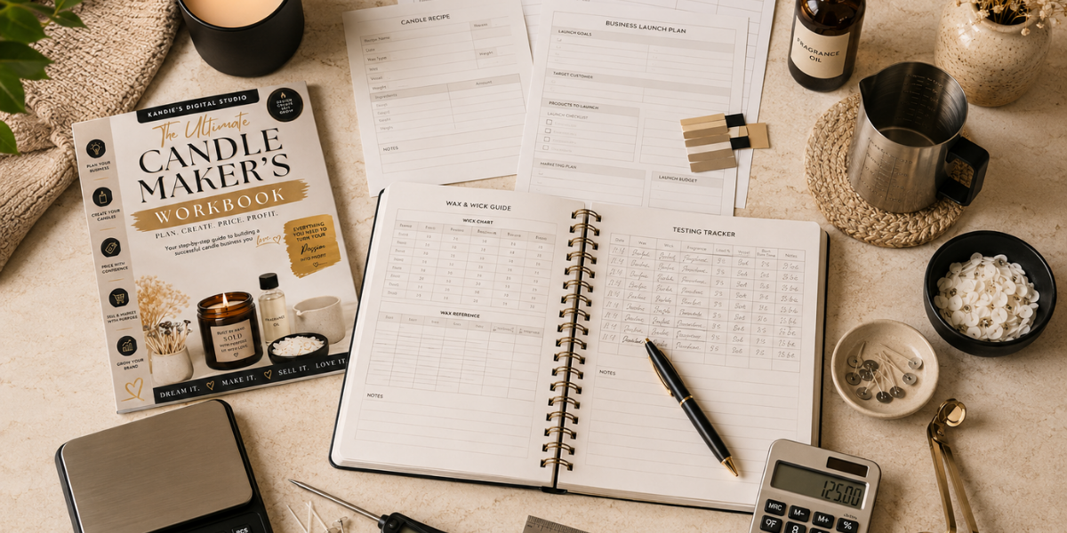 Overhead candle-making workspace with workbook pages, testing tools, pricing calculator, candle supplies, and business planning materials.