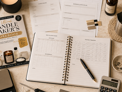 Overhead candle-making workspace with workbook pages, testing tools, pricing calculator, candle supplies, and business planning materials.