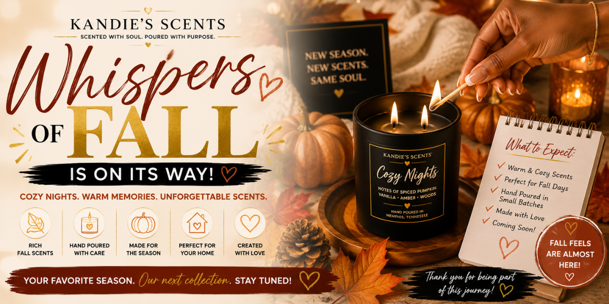 Cozy fall blog banner for Kandie's Scents featuring a lit white candle with a wooden wick, a glass of red wine, a fluffy cream blanket, autumn leaves, and a glowing fireplace announcing "Whispers of Fall Is on Its Way.
