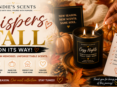 Cozy fall blog banner for Kandie's Scents featuring a lit white candle with a wooden wick, a glass of red wine, a fluffy cream blanket, autumn leaves, and a glowing fireplace announcing "Whispers of Fall Is on Its Way.