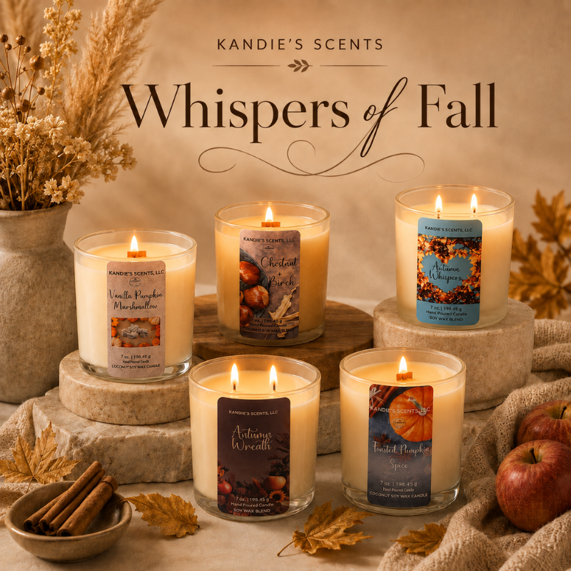 Whispers of Fall candle collection featuring five lit Kandie’s Scents candles styled with autumn leaves, cinnamon sticks, apples, dried florals, and warm neutral decor.