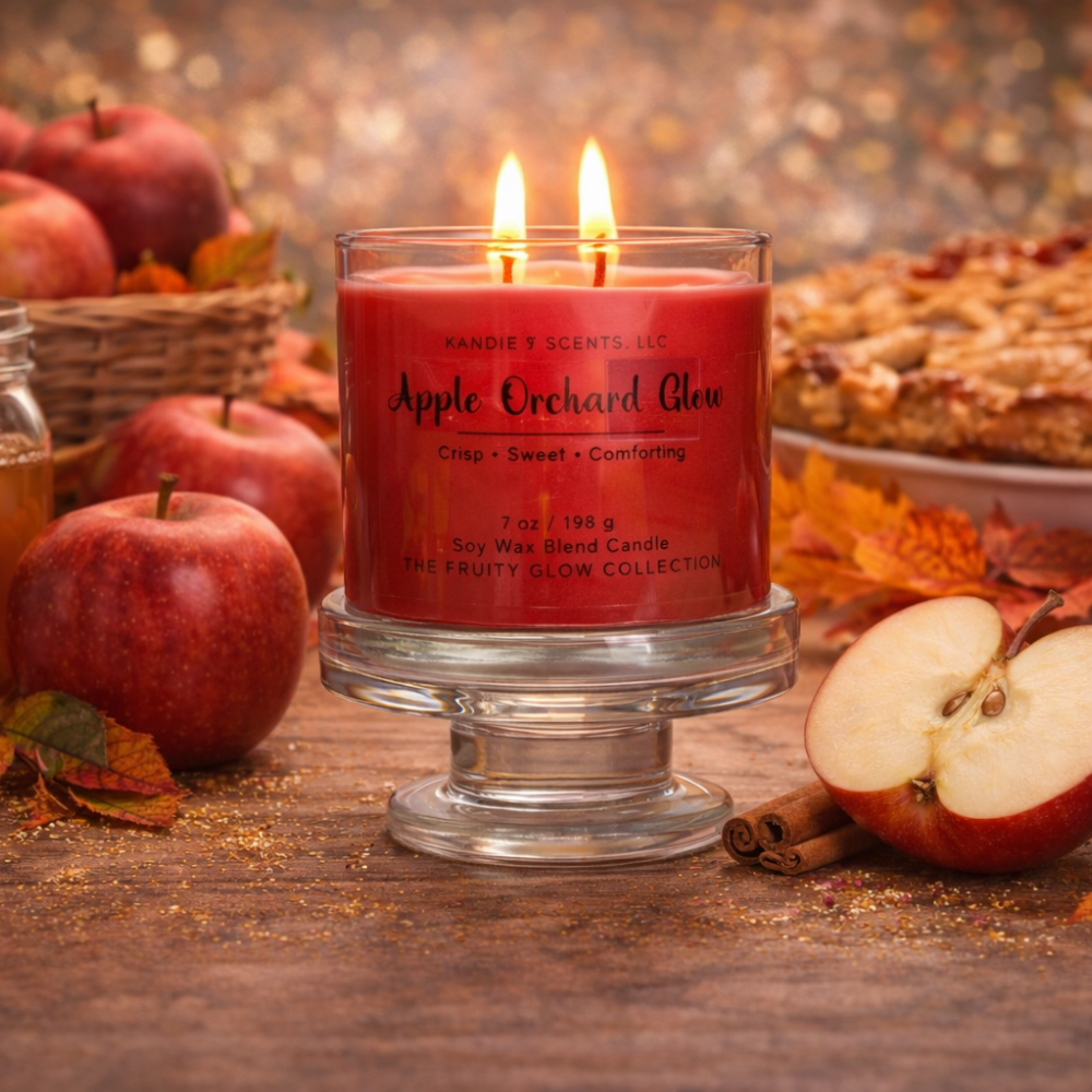 Red candle labeled 'Apple Orchard Glow' surrounded by apples and cinnamon on a wooden surface.