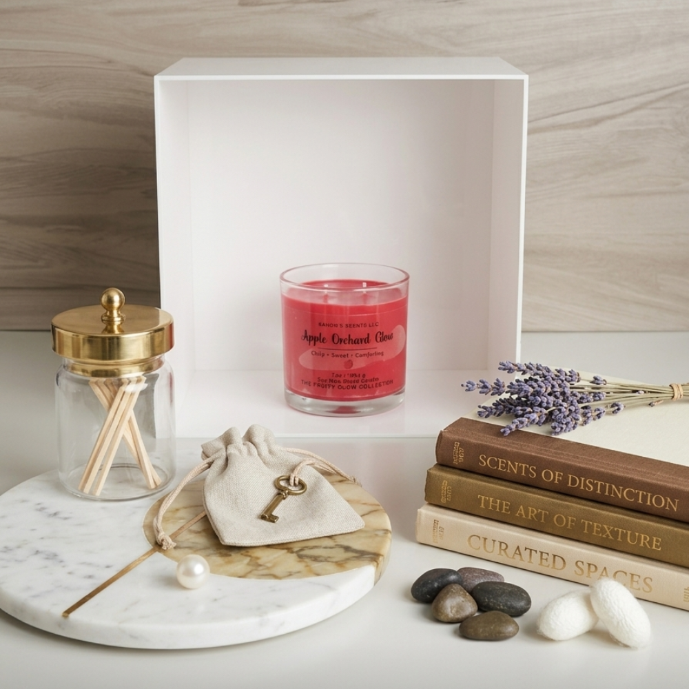 Pink candle, decorative jar, and books on a marble surface with a wooden background