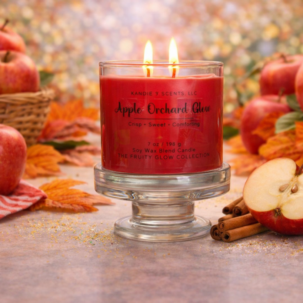 Red candle labeled 'Apple Orchard Glow' surrounded by apples and cinnamon sticks on a wooden surface.