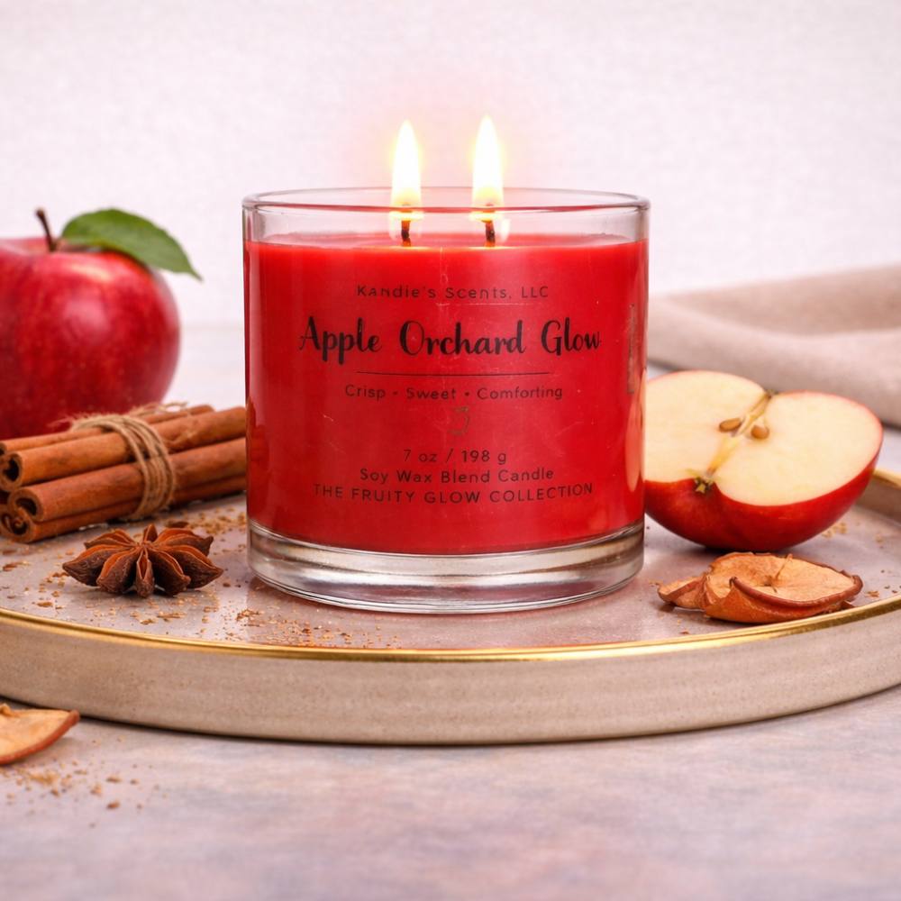 Red candle labeled 'Apple Orchard Glow' on a wooden tray with apples, cinnamon sticks, and star anise.