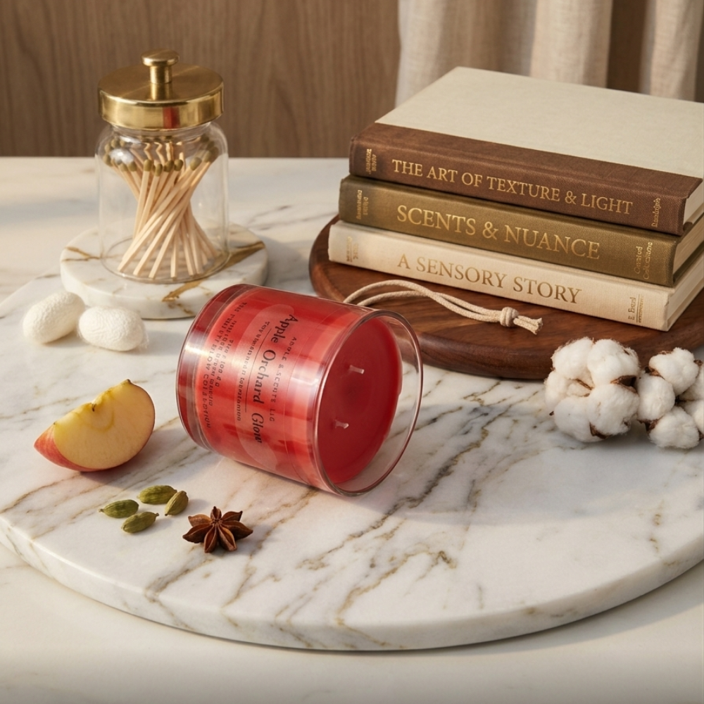 Red candle on a marble surface with books and decorative items