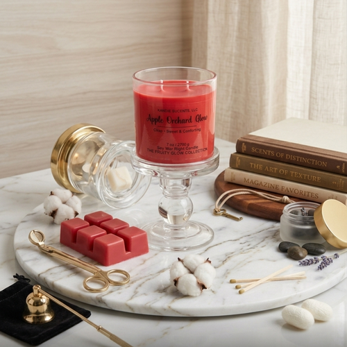Red candle in a glass holder on a marble tray with cotton, books, and other decorative items.