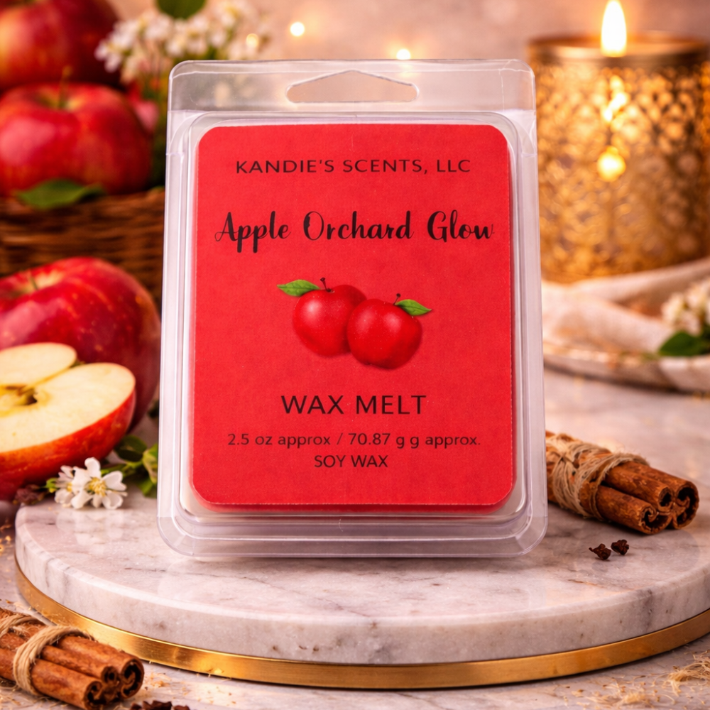 Kandie's Scents Apple Orchard Glow wax melt packaging with apples and cinnamon sticks in the background.