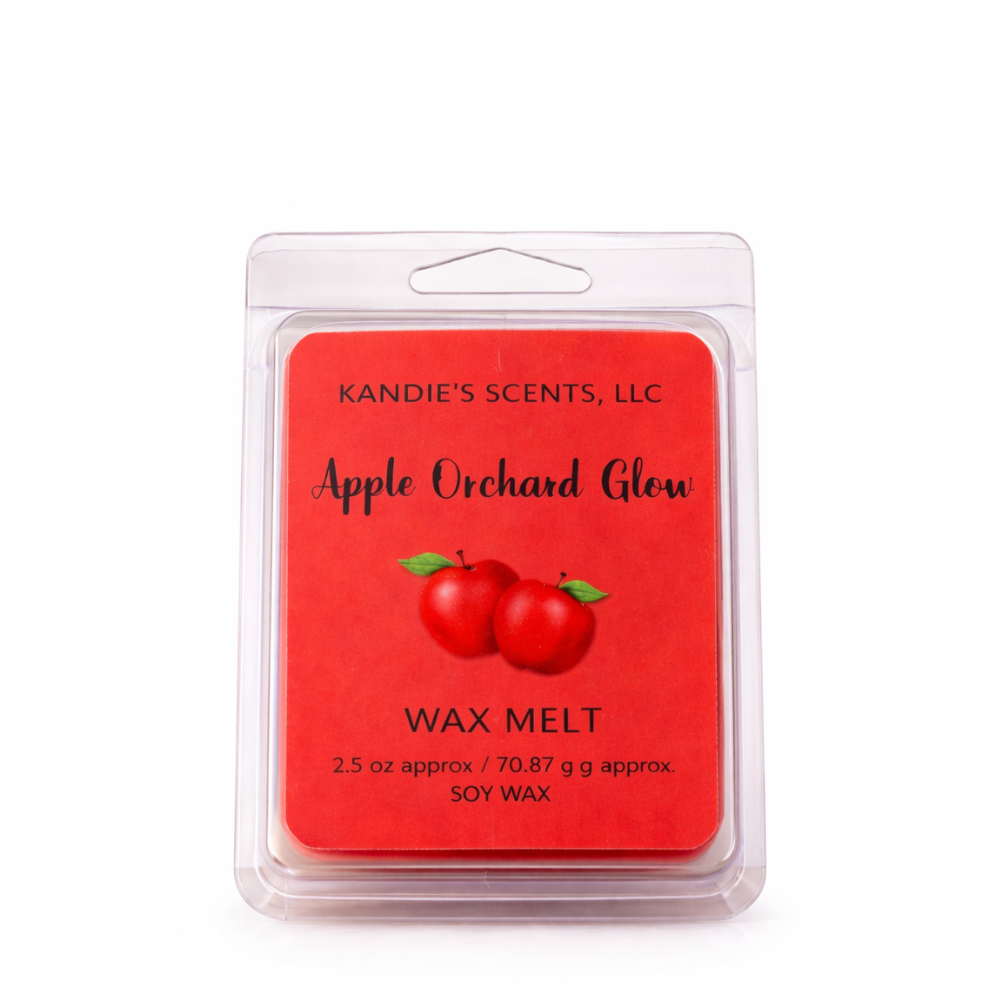 Kandie's Scents Apple Orchard Glow wax melt packaging on a white background
