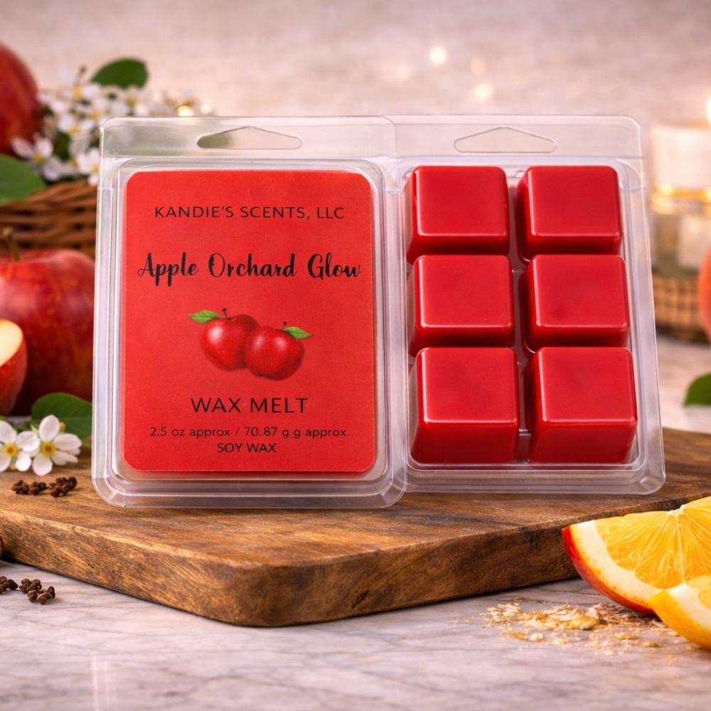 Kandie's Scents Apple Orchard Glow wax melts packaging on a wooden surface with apples and oranges.