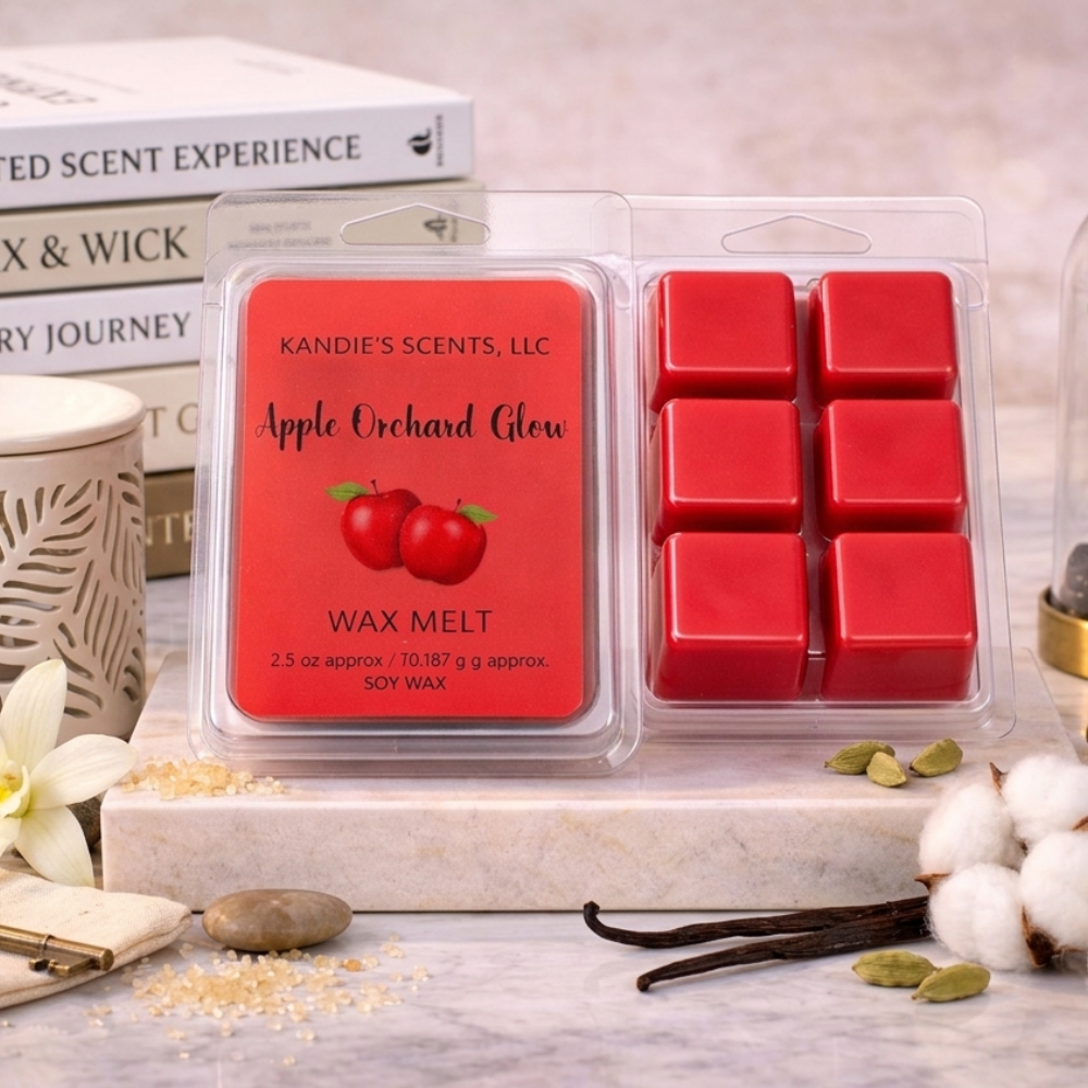 Kandie's Scents Apple Orchard Glow wax melts in packaging with branding on a neutral background.