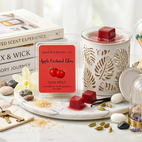 Kandie's Scents wax melt packaging with a decorative candle and apple-themed elements on a marble surface.