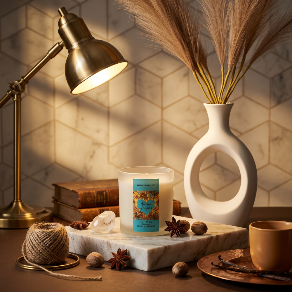 A lit scented candle in a frosted glass jar sits on a marble tray in a warm, styled interior scene with a brass desk lamp, white vase with dried grasses, books, star anise, nuts, twine, and a cup against a beige hexagonal tile wall.