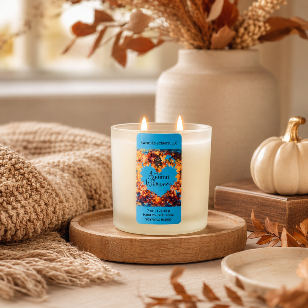 A double-wick candle in a frosted glass jar sits lit on a wooden tray, surrounded by autumn-themed decor including a knitted blanket, dried leaves, a small pumpkin, and a vase in the background.