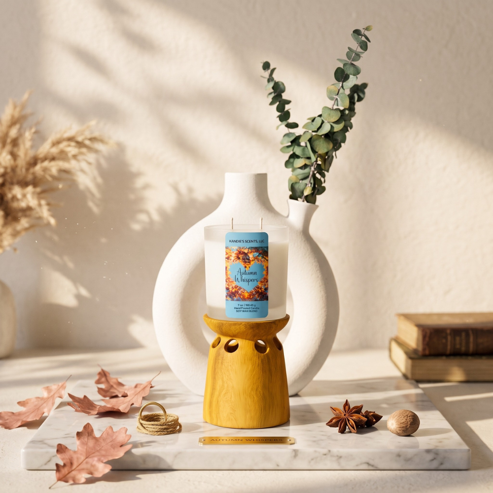A candle by Kandie's Scents in a frosted candle jar in front of a ceramic vase, styled on a marble tray with a wooden owl holder, dried leaves, books, and eucalyptus in a warm, sunlit room.