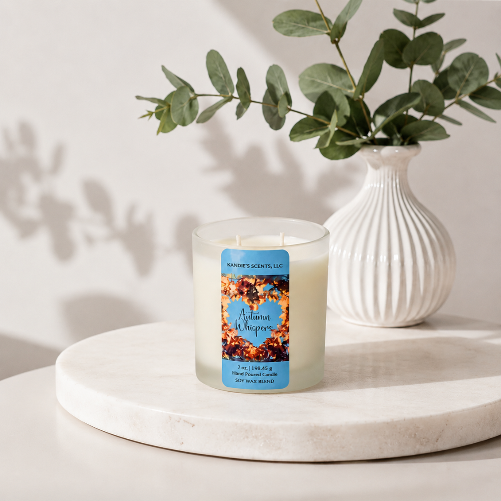 A double-wick scented candle in a clear glass jar sits on a round white marble tray, with a white ribbed vase of eucalyptus leaves behind it against a light wall with leaf shadows.