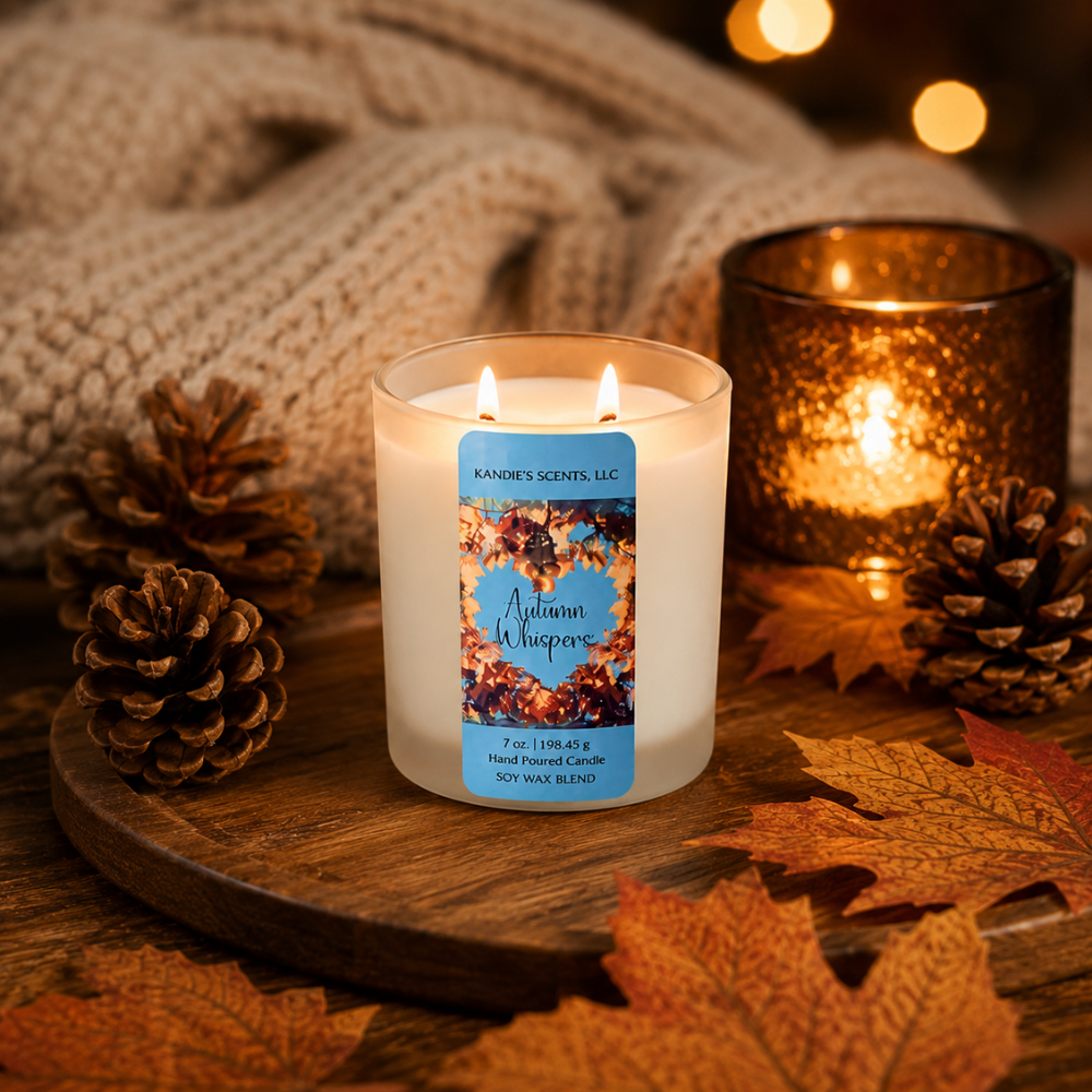 A lit double-wick soy wax candle in a frosted glass jar sits on a wooden tray surrounded by autumn leaves, pinecones, and a cozy knit blanket, with a warm amber candle holder in the background. The label reads 'KANDIE SCENTS' and 'Autumn Whispers'.