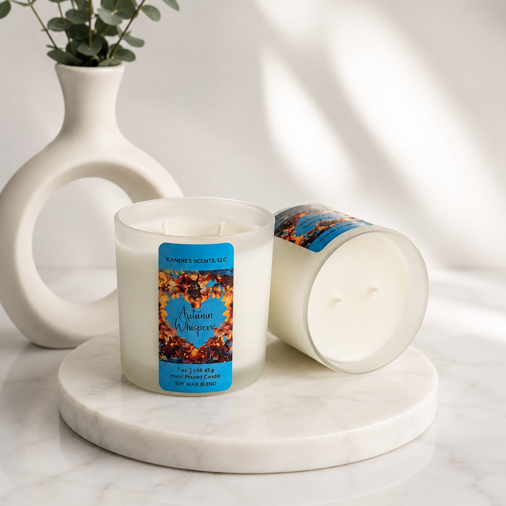 A double-wick scented candle in a frosted glass jar sits on a round white marble tray, with the matching lid leaning against it. A white ceramic vase with greenery is blurred in the background.