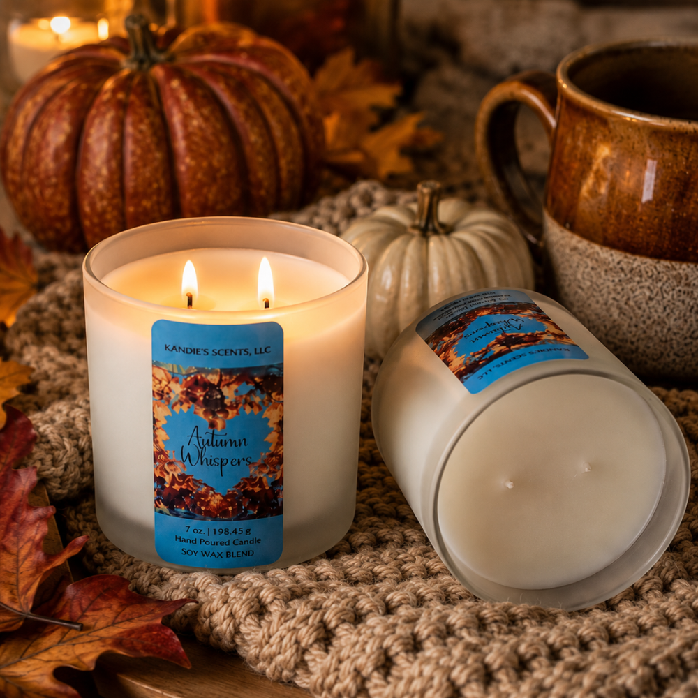 Two candles one lit, one unlit in a frosted glass jars with autumn-themed labels, styled on a knitted blanket with pumpkins, leaves, and a ceramic mug in the background. 