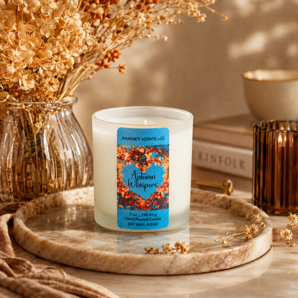 A frosted glass jar candle sits on a round marble tray, surrounded by dried flowers, books, and a candle holder in a warm, styled indoor setting. The label reads 'KANDIE SCENTS' and 'Autumn Whispers'.
