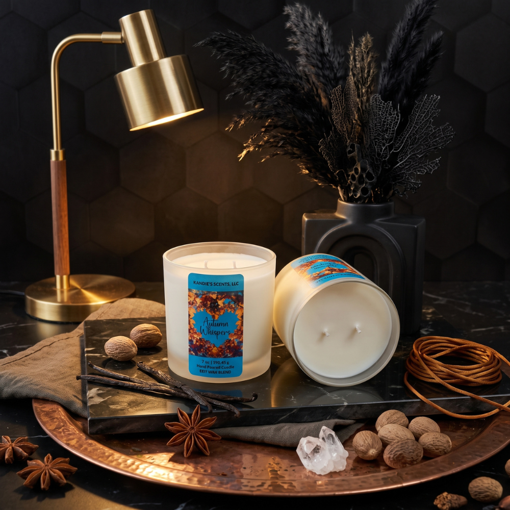A scented candle in a frosted glass jar with a cream-colored wax and a blue label reading 'Autumn Whispers' by 'Kandie's Scents' is styled on a dark tray with star anise, walnuts, a brass lamp, and dried botanicals against a dark hexagonal wall.