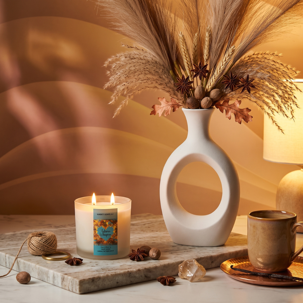 A styled interior scene with a white sculptural vase holding dried wheat, pampas grass, and star anise, alongside a lit candle on a marble tray, a ceramic mug, and warm ambient lighting against a brown background.