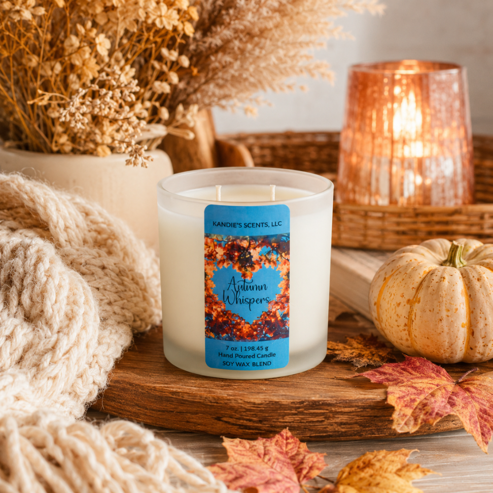 A 7 oz hand-poured candle by Kandie's Scents in a frosted glass jar with a blue autumn-themed label. The candle is styled on a rustic wooden board with a cozy knit blanket, a small pumpkin, dried flowers, and a glowing copper candle holder in the background.