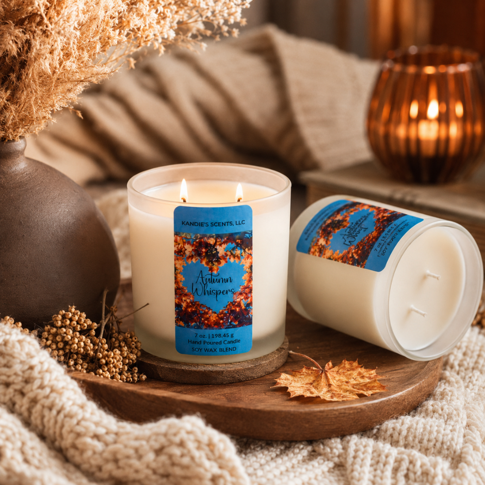 A cozy product photo of a scented candle in a glass jar with two wicks, lit and standing upright on a wooden tray, with another candle lying on its side. The setting is styled with a knitted cream blanket, dried flowers in a brown vase, and a warm glowing amber candle holder in the background.