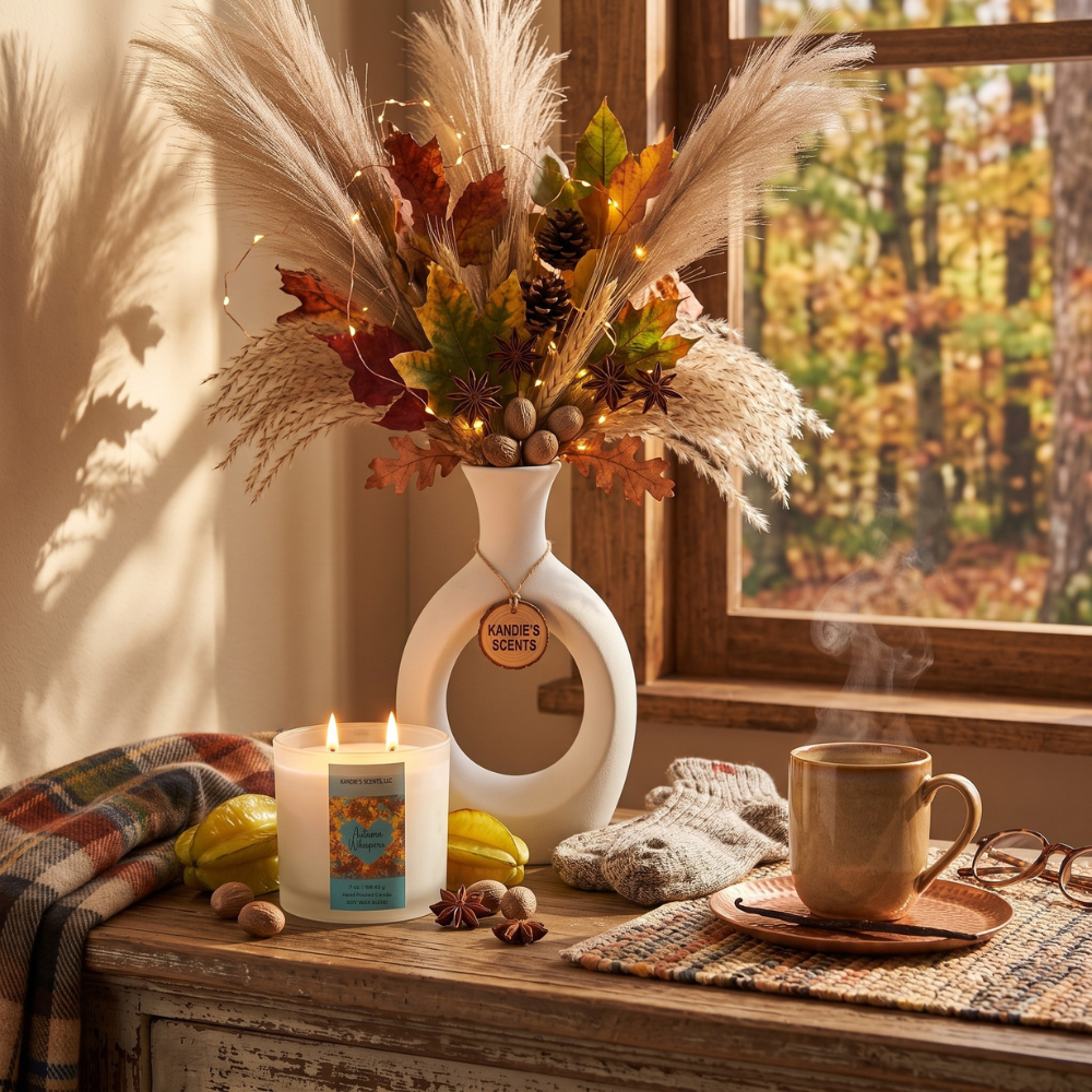 Autumn-themed decorative arrangement in a white ceramic vase with pampas grass, faux leaves, pinecones, and warm fairy lights, styled on a wooden table beside a lit candle, a mug, knit gloves, and a plaid throw in front of a window.