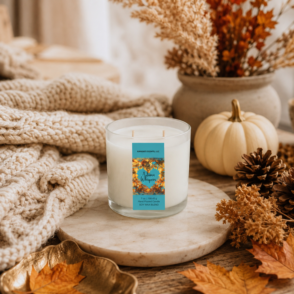 A lit scented candle in a frosted glass jar sits on a round stone tray in a styled autumn setting with a chunky knit blanket, dried flowers, a small pumpkin, pinecones, and fall leaves.