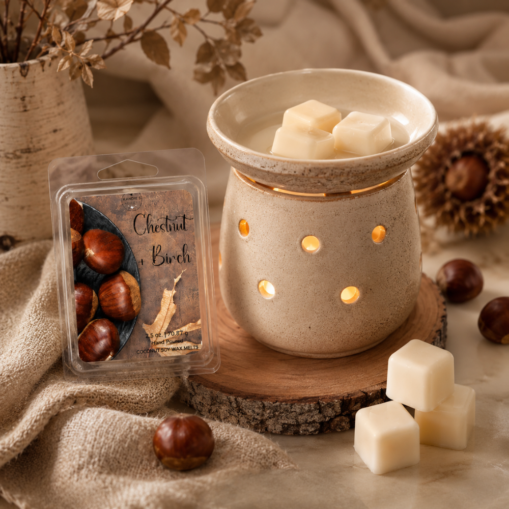 A wax melt set styled with a ceramic wax warmer and a pack of Chestnut + Birch scented wax melts on a rustic wood slice, surrounded by chestnuts, burlap fabric, and dried botanicals.