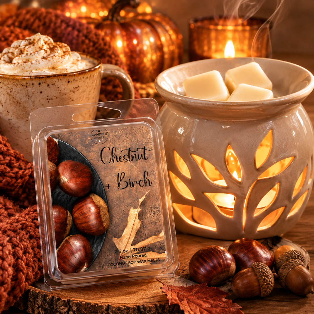 A wax melt package labeled 'Chestnut + Birch' stands in front of a lit ceramic scented candle holder with a warm glow, surrounded by autumn props including acorns, a mug of whipped drink, pumpkins, and a knitted blanket.
