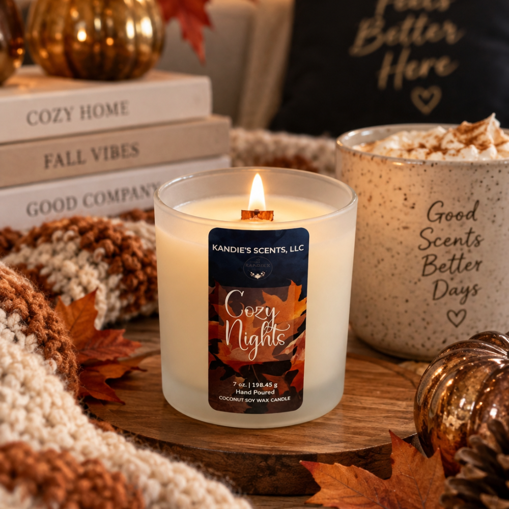 A lit candle in a frosted glass jar sits on a wooden surface surrounded by autumn props, including fall leaves, a knit blanket, a mug reading 'Good Scents Better Days,' and stacked books in the background. The candle label reads 'Kandie's Scents' and 'Cozy Nights.