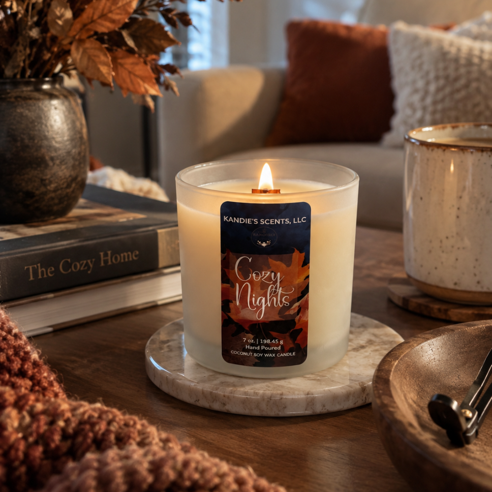 A lit candle in a frosted glass jar sits on a round marble coaster on a wooden table in a cozy living room setting. The candle label reads 'Kandie's Scents' and 'Cozy Nights'.