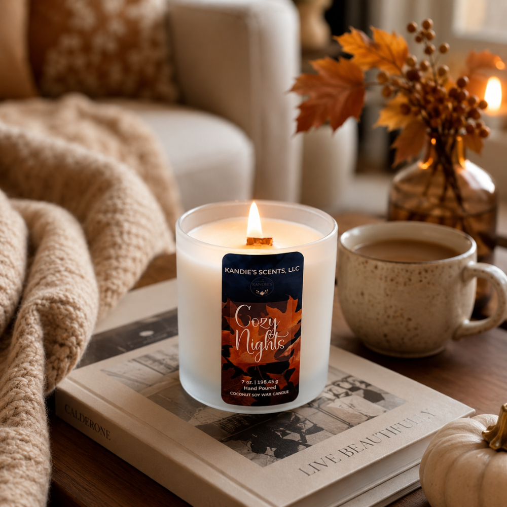 A lit scented candle in a frosted glass jar sits on a table in a cozy home setting, surrounded by a knitted blanket, a mug, autumn leaves, and a small pumpkin. The candle label reads 'Kandie's Scents, Cozy Nights'.